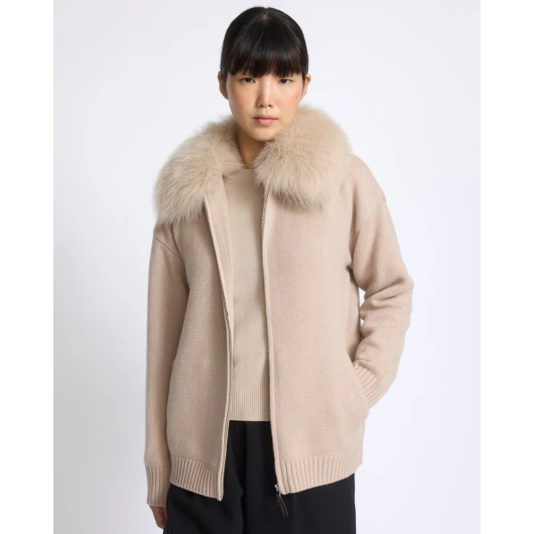 Yves Salomon Merino Knit Jacket with Fox Fur Collar in Beige | Jackets | Luxury Shoes 