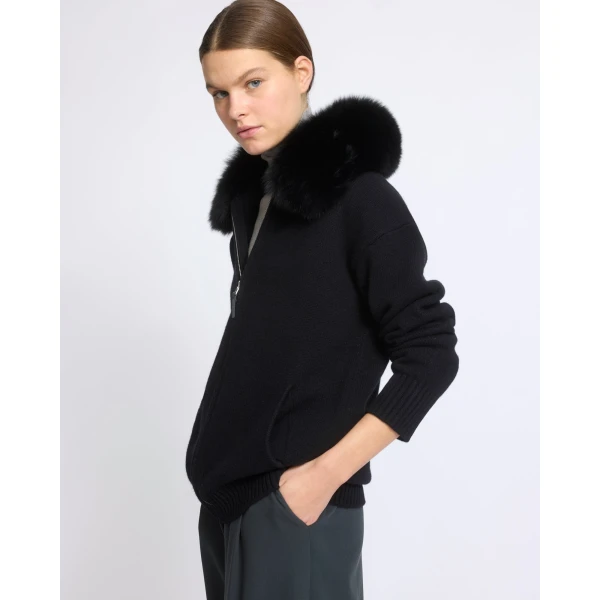 Yves Salomon Merino Knit Jacket with Fox Fur Collar in Black | Jackets | Luxury Shoes 