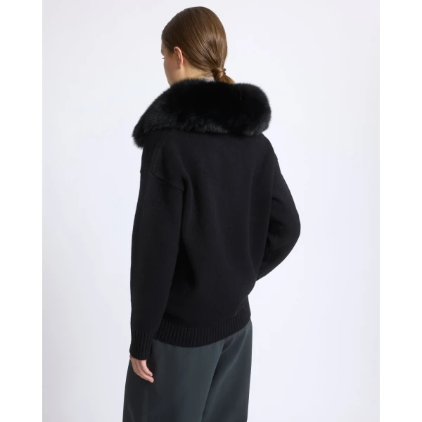 Yves Salomon Merino Knit Jacket with Fox Fur Collar in Black | Jackets | Luxury Shoes 