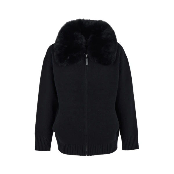 Merino Knit Jacket with Fox Fur Collar in Black
