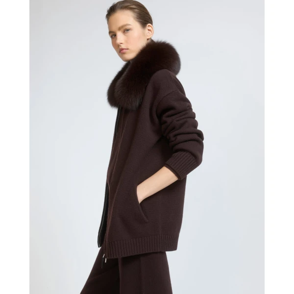 Yves Salomon Merino Knit Jacket with Fox Fur Collar in Brown | Jackets | Luxury Shoes 