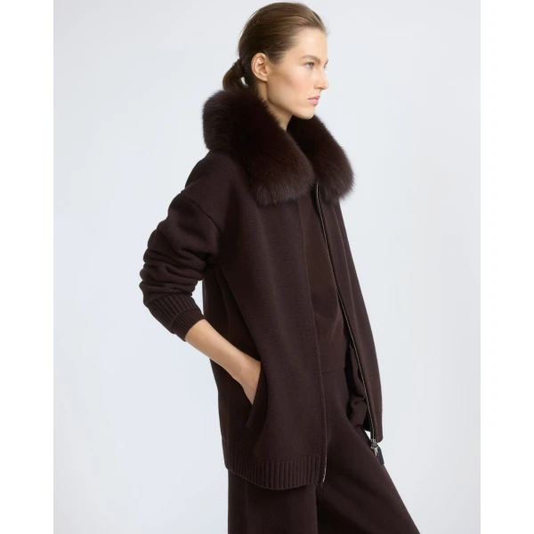 Yves Salomon Merino Knit Jacket with Fox Fur Collar in Brown | Jackets | Luxury Shoes 