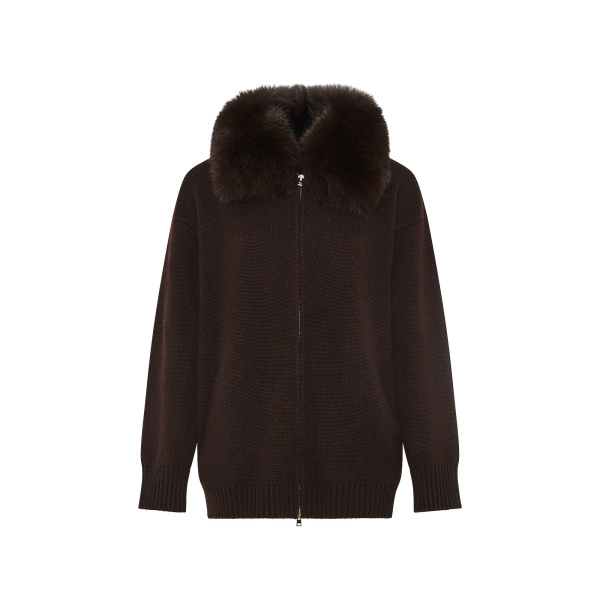 Yves Salomon Merino Knit Jacket with Fox Fur Collar in Brown | Jackets | Luxury Shoes 