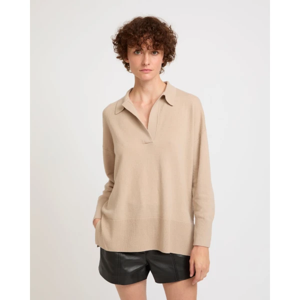 Yves Salomon Merino Knit Polo Shirt in Beige | Sweaters | Luxury Shoes 