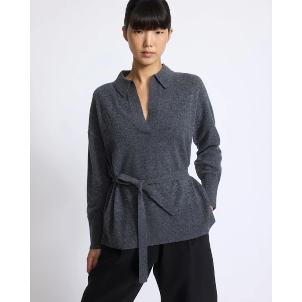 Yves Salomon Merino Knit Polo Shirt in Blue Grey | Sweaters | Luxury Shoes 