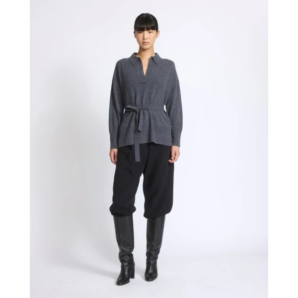 Yves Salomon Merino Knit Polo Shirt in Blue Grey | Sweaters | Luxury Shoes 