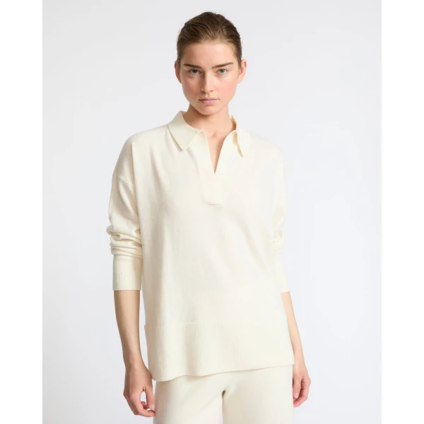 Yves Salomon Merino Knit Polo Shirt in White | Sweaters | Luxury Shoes 