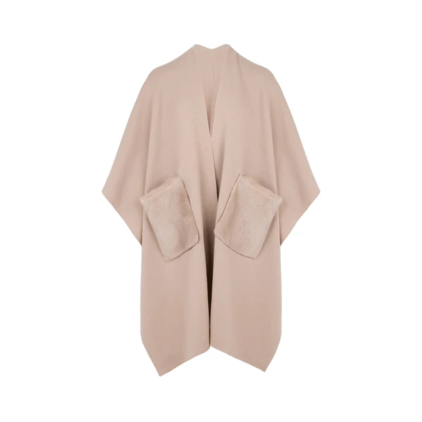 Merino Knit Poncho with Mink Fur Pockets in Beige
