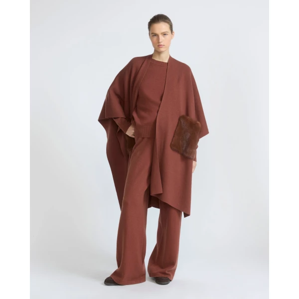 Yves Salomon Merino Knit Poncho with Mink Fur Pockets in Rust Brown | Coats | Luxury Shoes 