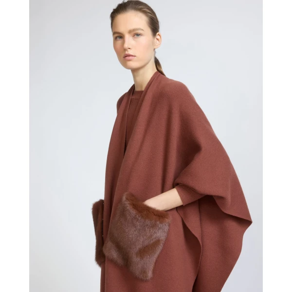Yves Salomon Merino Knit Poncho with Mink Fur Pockets in Rust Brown | Coats | Luxury Shoes 