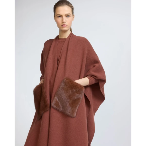 Yves Salomon Merino Knit Poncho with Mink Fur Pockets in Rust Brown | Coats | Luxury Shoes 