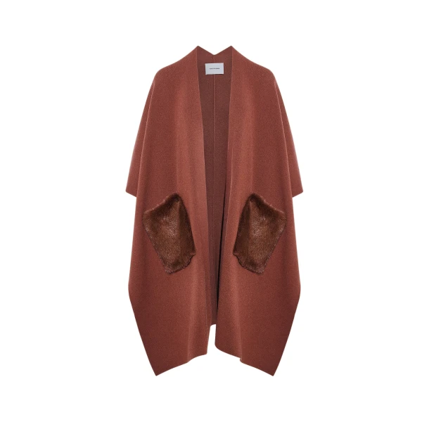 Merino Knit Poncho with Mink Fur Pockets in Rust Brown