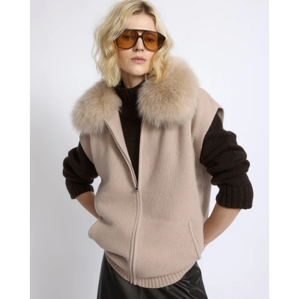 Yves Salomon Merino Knit and Fox Fur Jacket in Beige | Jackets | Luxury Shoes 