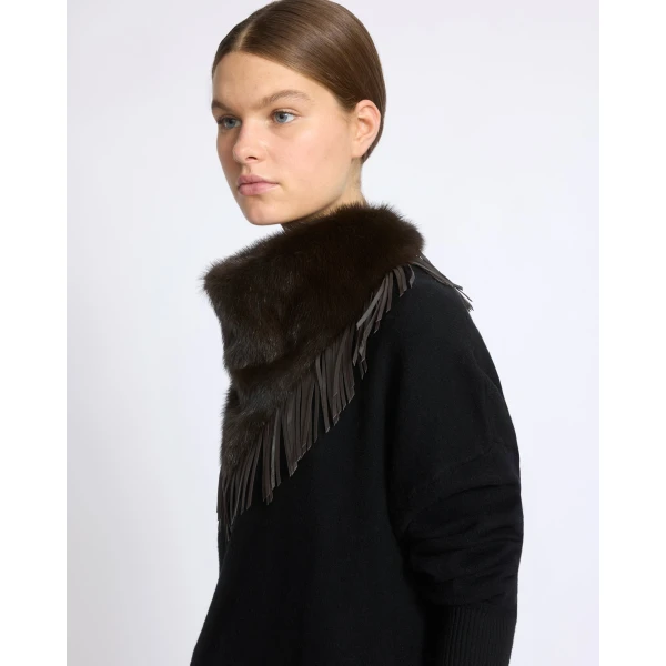Yves Salomon Mink Fur Bandana with Lamb Leather Fringes in Brown | Scarves | Luxury Shoes 