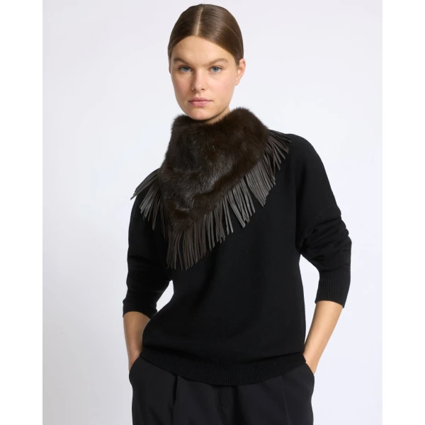 Yves Salomon Mink Fur Bandana with Lamb Leather Fringes in Brown | Scarves | Luxury Shoes 