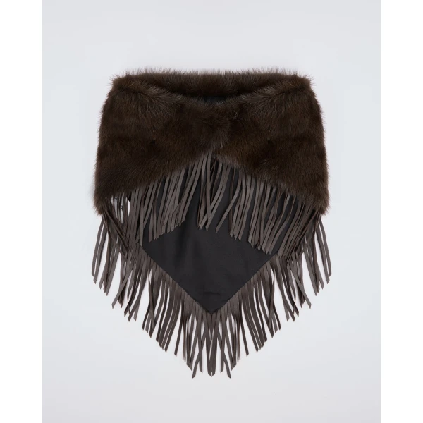 Yves Salomon Mink Fur Bandana with Lamb Leather Fringes in Brown | Scarves | Luxury Shoes 