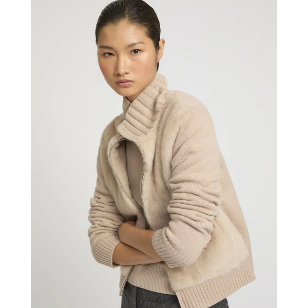 Yves Salomon Mink Fur and Merino Knit Jacket in Beige | Mink Jacket | Luxury Shoes 