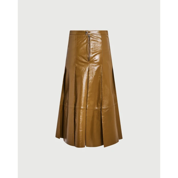 Yves Salomon Pleated Patent Lambskin Leather Skirt in Brown | Leather Skirts | Luxury Shoes 