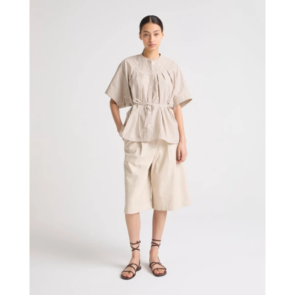 Yves Salomon Pleated Shirt in Striped Cotton Poplin in Palma Stripe | Shirts | Luxury Shoes 