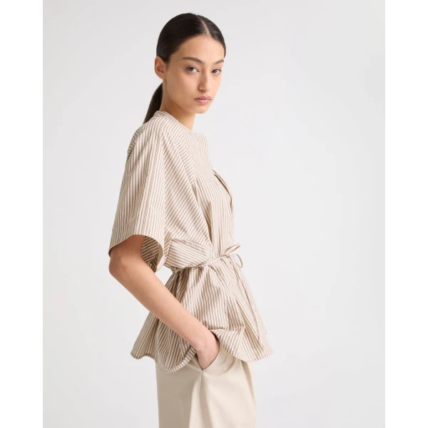 Yves Salomon Pleated Shirt in Striped Cotton Poplin in Palma Stripe | Shirts | Luxury Shoes 