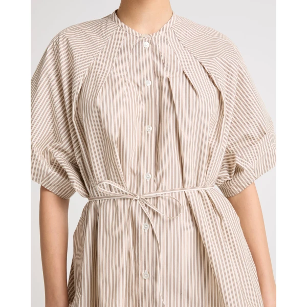 Yves Salomon Pleated Shirt in Striped Cotton Poplin in Palma Stripe | Shirts | Luxury Shoes 