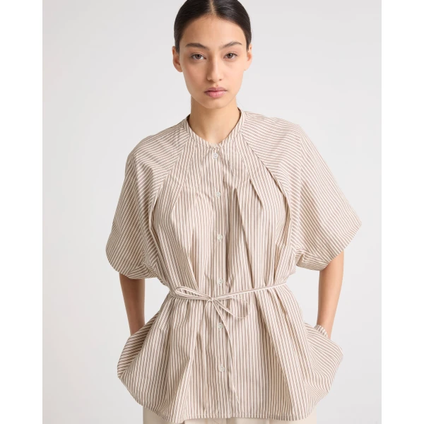 Yves Salomon Pleated Shirt in Striped Cotton Poplin in Palma Stripe | Shirts | Luxury Shoes 