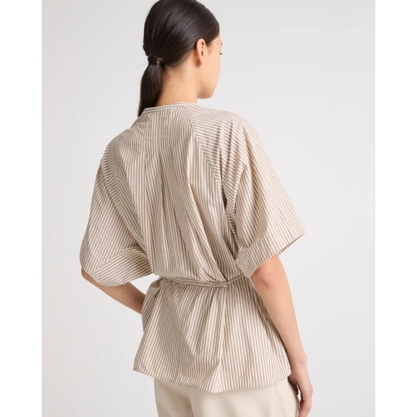 Yves Salomon Pleated Shirt in Striped Cotton Poplin in Palma Stripe | Shirts | Luxury Shoes 
