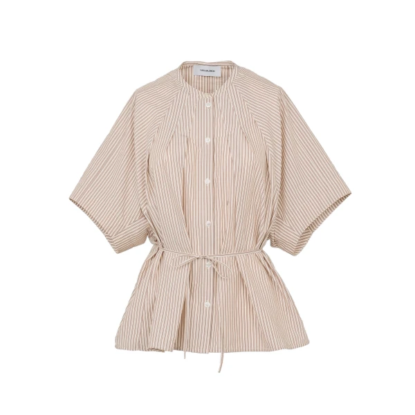 Pleated Shirt in Striped Cotton Poplin in Palma Stripe