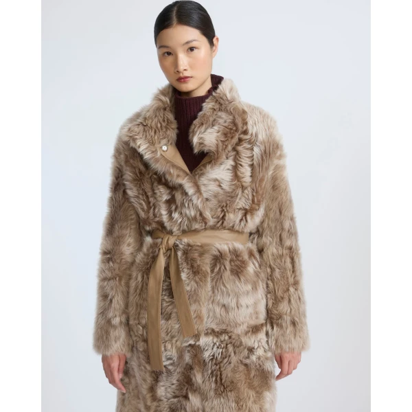 Yves Salomon Reversible Belted Coat in Toscana Lambskin in Camel | Shearling Coat | Luxury Shoes 