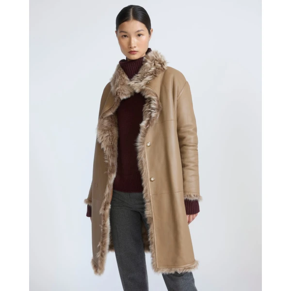 Yves Salomon Reversible Belted Coat in Toscana Lambskin in Camel | Shearling Coat | Luxury Shoes 