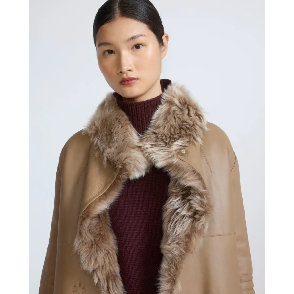 Yves Salomon Reversible Belted Coat in Toscana Lambskin in Camel | Shearling Coat | Luxury Shoes 