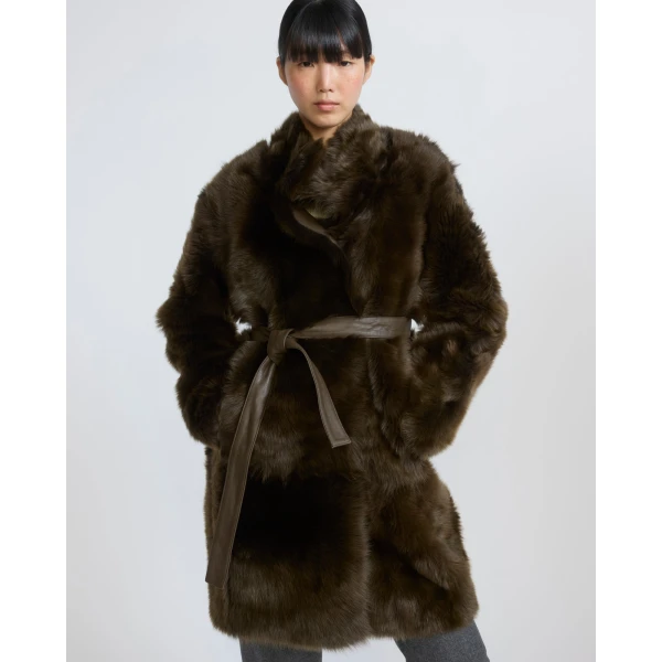 Yves Salomon Reversible Belted Coat in Toscana Lambskin in Khaki Green | Shearling Coat | Luxury Shoes 