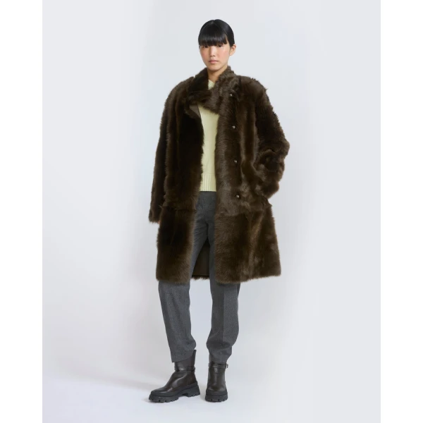 Yves Salomon Reversible Belted Coat in Toscana Lambskin in Khaki Green | Shearling Coat | Luxury Shoes 