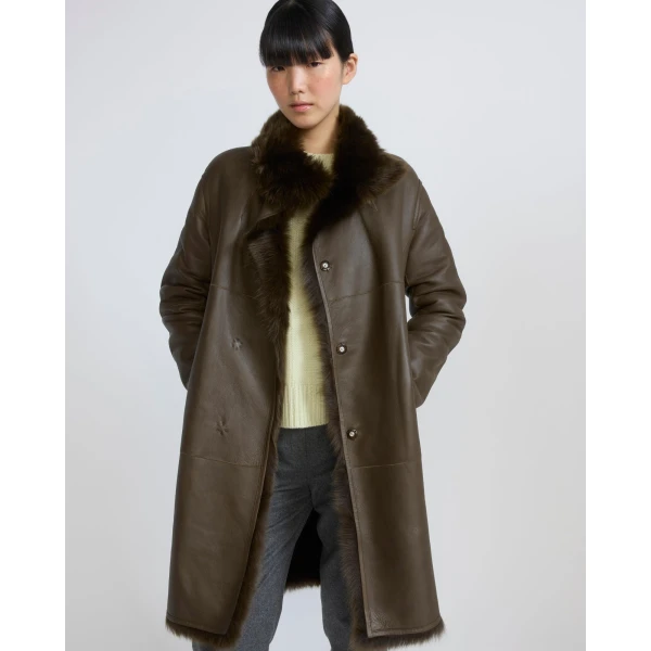 Yves Salomon Reversible Belted Coat in Toscana Lambskin in Khaki Green | Shearling Coat | Luxury Shoes 