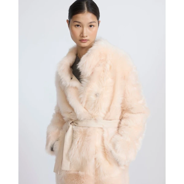 Yves Salomon Reversible Belted Coat in Toscana Lambskin in Pink | Shearling Coat | Luxury Shoes 