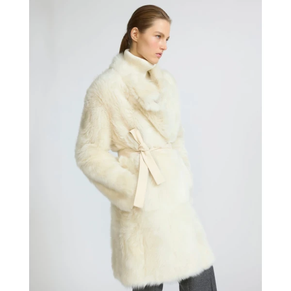 Yves Salomon Reversible Belted Coat in Toscana Lambskin in White | Shearling Coat | Luxury Shoes 