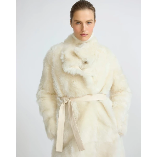Yves Salomon Reversible Belted Coat in Toscana Lambskin in White | Shearling Coat | Luxury Shoes 