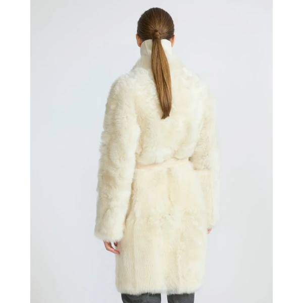 Yves Salomon Reversible Belted Coat in Toscana Lambskin in White | Shearling Coat | Luxury Shoes 