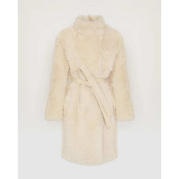 Yves Salomon Reversible Belted Coat in Toscana Lambskin in White | Shearling Coat | Luxury Shoes 