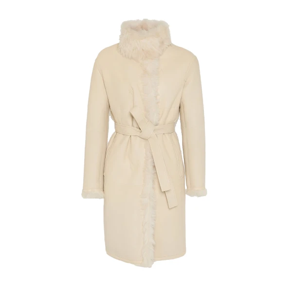 Yves Salomon Reversible Belted Coat in Toscana Lambskin in White | Shearling Coat | Luxury Shoes 