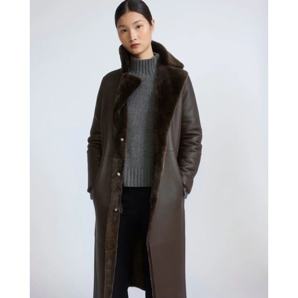 Yves Salomon Reversible Belted Long Shearling Coat in Brown | Shearling Coat | Luxury Shoes 