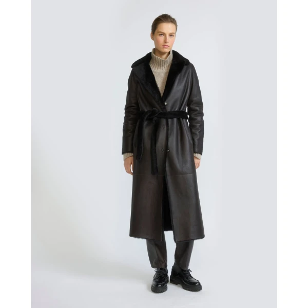 Yves Salomon Reversible Belted Long Shearling Coat in Brown | Shearling Coat | Luxury Shoes 