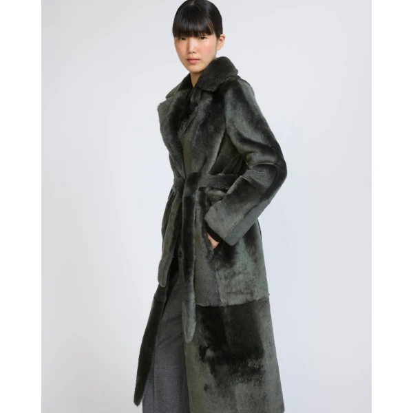 Yves Salomon Reversible Belted Long Shearling Coat in Dark Green | Shearling Coat | Luxury Shoes 