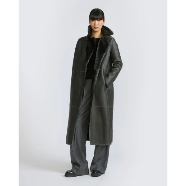 Yves Salomon Reversible Belted Long Shearling Coat in Dark Green | Shearling Coat | Luxury Shoes 