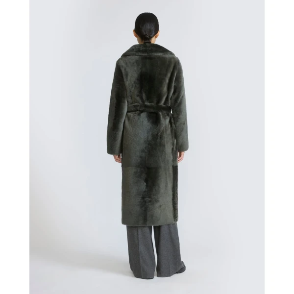 Yves Salomon Reversible Belted Long Shearling Coat in Dark Green | Shearling Coat | Luxury Shoes 