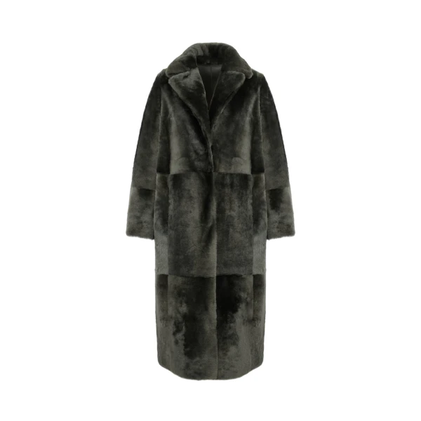 Reversible Belted Long Shearling Coat in Dark Green