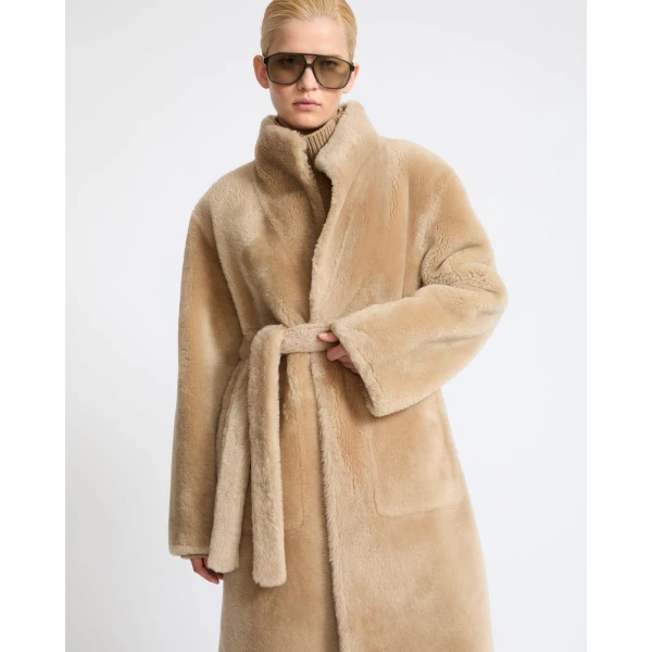 Yves Salomon Reversible Coat in Stiff Merino Lamb Shearling in Beige | Shearling Coat | Luxury Shoes 