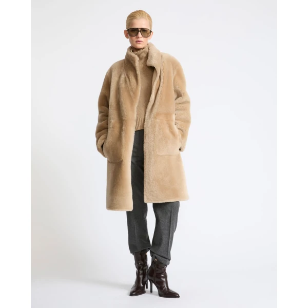 Yves Salomon Reversible Coat in Stiff Merino Lamb Shearling in Beige | Shearling Coat | Luxury Shoes 