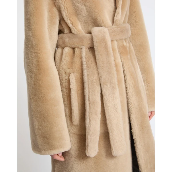 Yves Salomon Reversible Coat in Stiff Merino Lamb Shearling in Beige | Shearling Coat | Luxury Shoes 