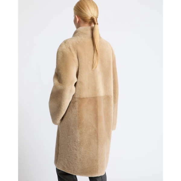 Yves Salomon Reversible Coat in Stiff Merino Lamb Shearling in Beige | Shearling Coat | Luxury Shoes 